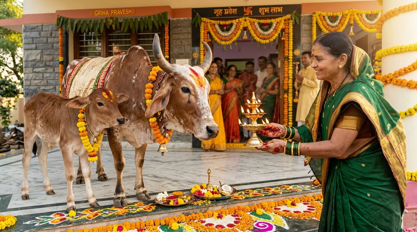 Sacred Gau Puja cow and calf worship at doorstep