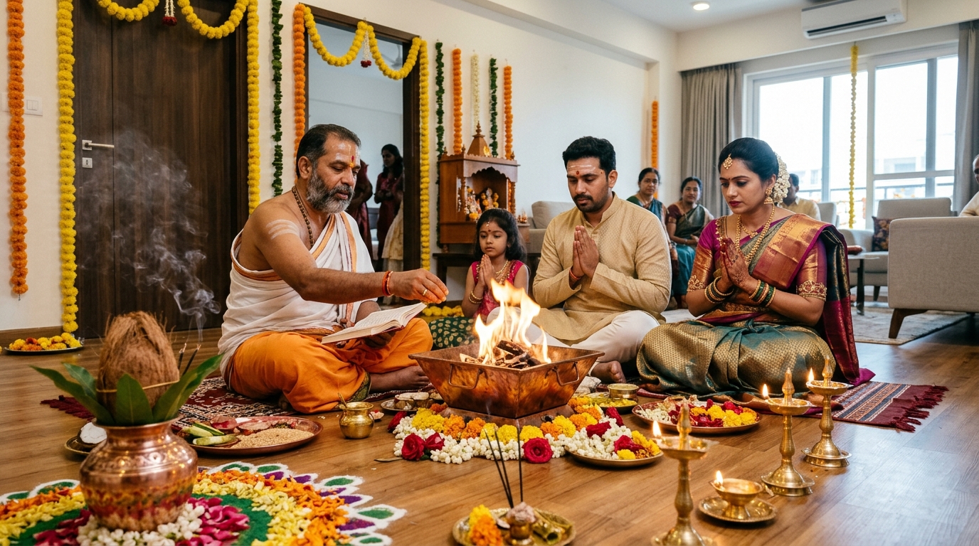 Pandit Diwakar Kumar Pandey conducting sacred Griha Pravesh Havan in Bangalore