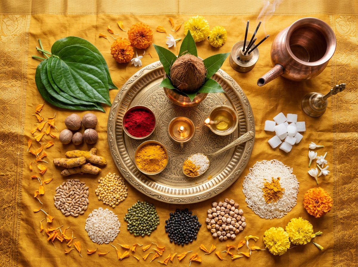 Authentic Vedic puja samagri with brass thali, coconut, flowers, and navadhanya